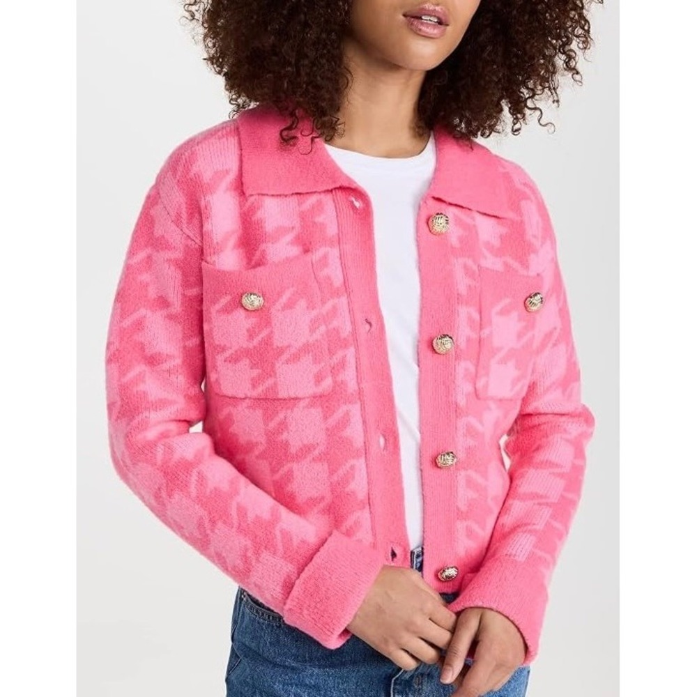 English Factory Cardigan Houndstooth Gold Button Knit Pink Large